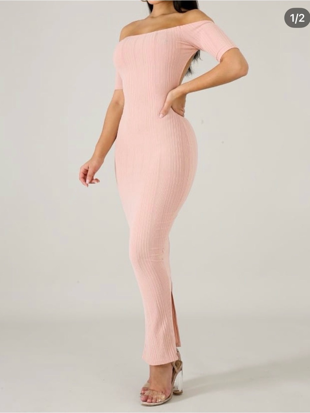 Off-Shoulder Backless Ribbed Maxi Dress in Blush Pink